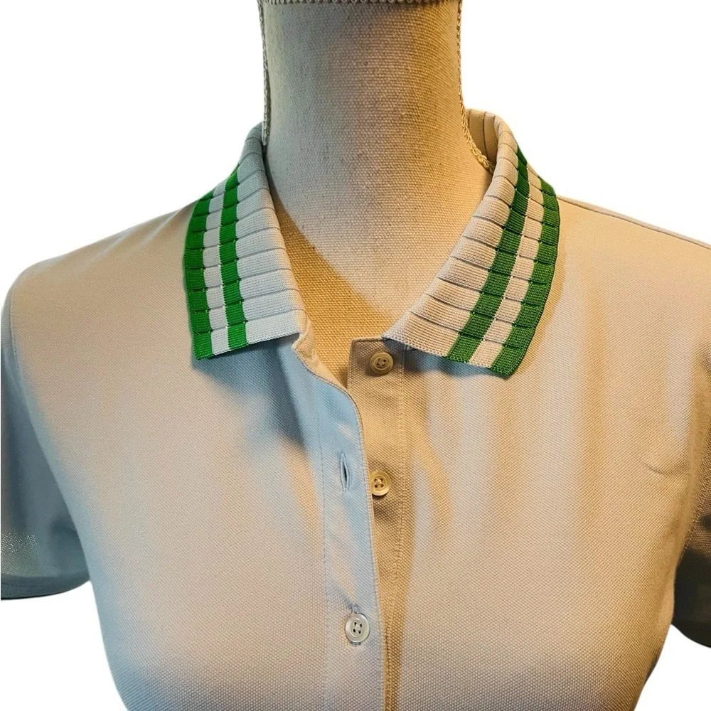 Tory Burch Women's Light Blue Polo Shirt with Green Accents Size Medium